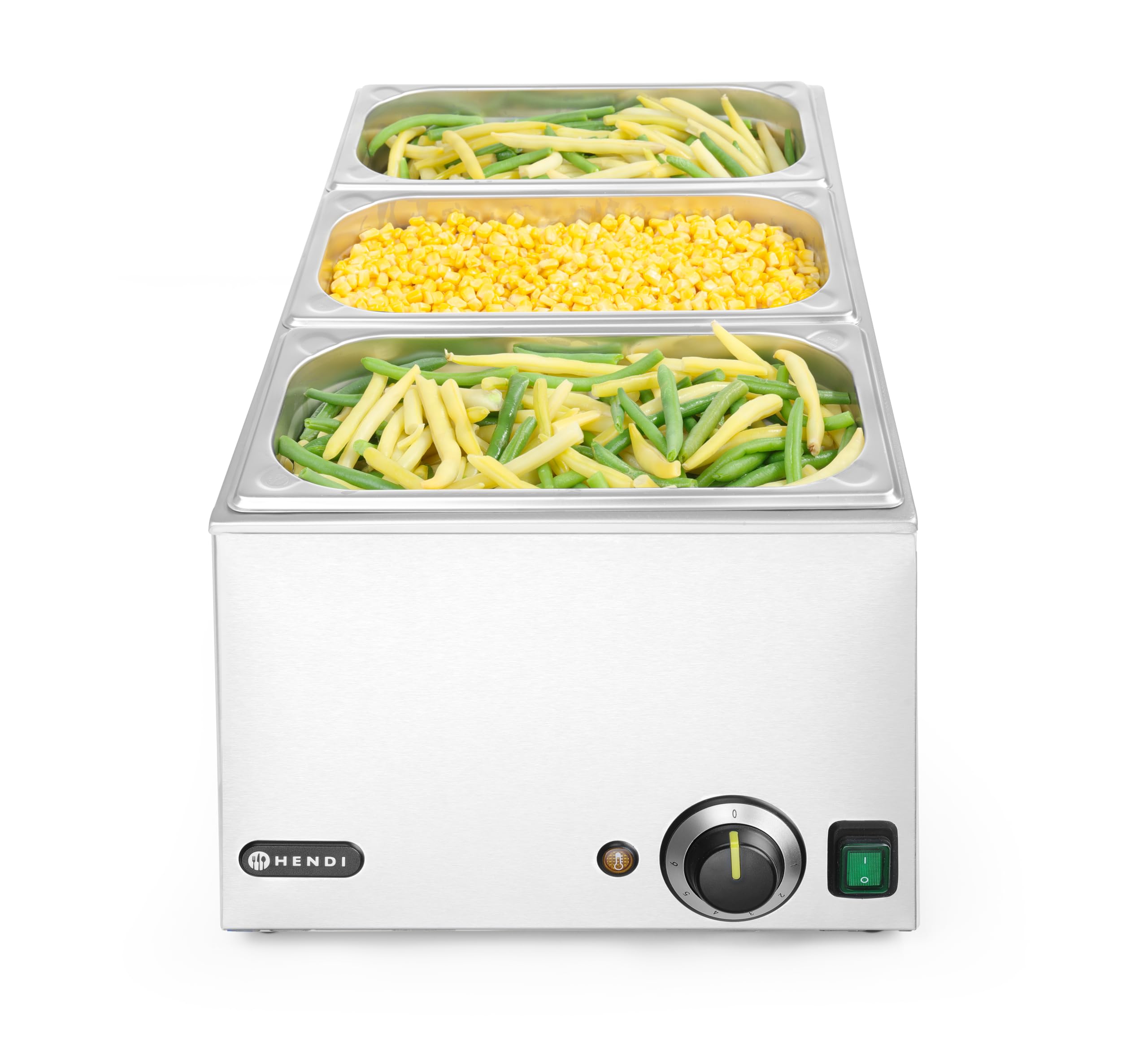 HENDI Bain Marie électrique, chauffe-plat buffet, température réglable 30°C à 85°C, 1 x GN 1/1, 2 x GN 1/2, 3 x GN 1/3, 19L, 230V, 1000W, 590x332x(H)242mm, acier inoxydable