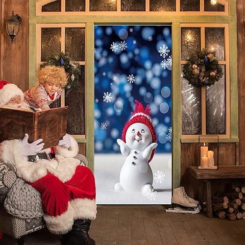 Miniatura 6 de Calcomanía de puerta de Navidad 3D, calcomanías de Navidad Snownman para puerta, mural de pared de puerta, papel tapiz extraíble para decoración de
