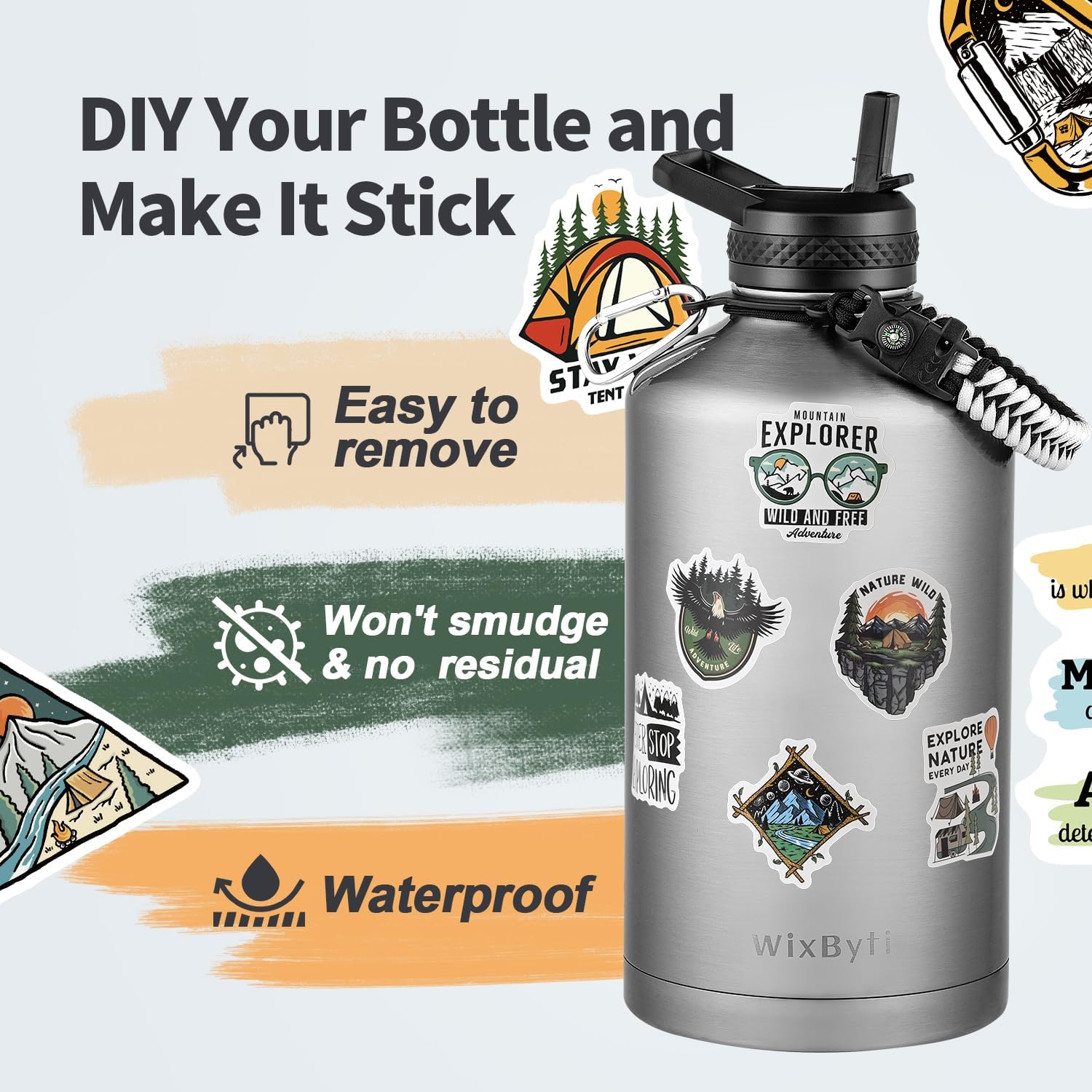 One Gallon Water Bottle Insulated, Triple Wall Vacuum Cold for 48 Hrs & Leak-proof & Non-BPA, 128oz Large Sports Stainless Steel Water Jug with Paracord Handle Straw Spout Lids & DIY Stickers - Image 6