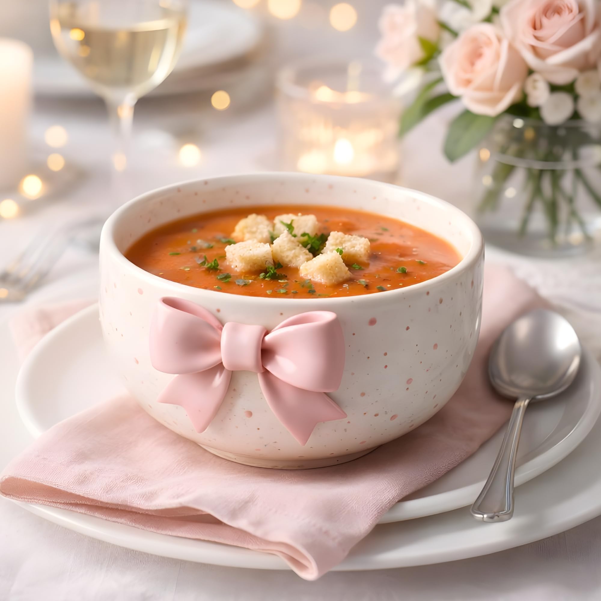 Handmade Aesthetic Ceramic Bowl with 3D Pink Bow, 450ml Cute Breakfast Bowl for Cereal, Soup, Noodles, Desserts, Food-Safe Premium Ceramic Adorable Kawaii Bowl