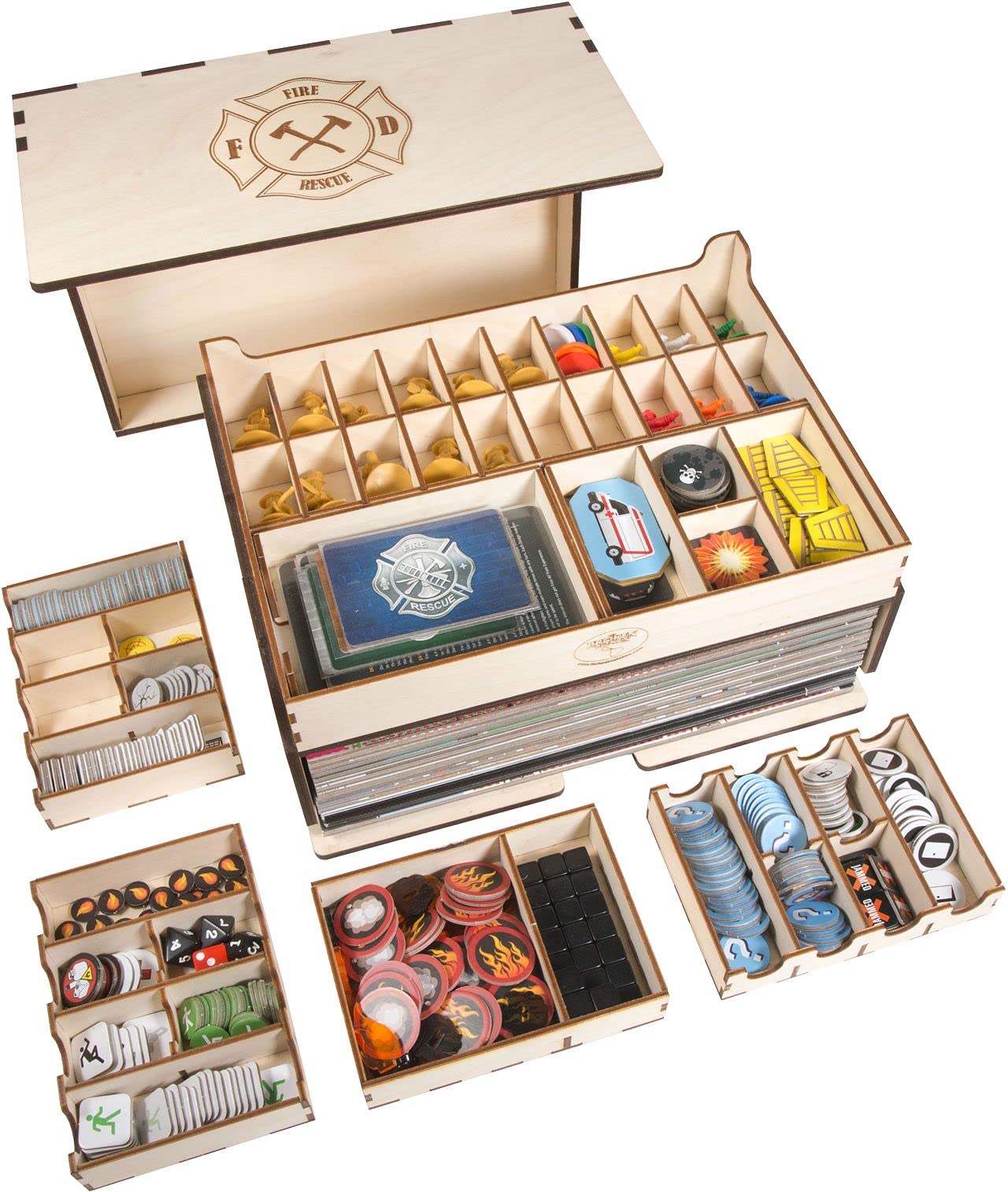 The Broken Token Flash Point: Fire Rescue Compatible Game Crate - Wooden Storage Box with Multiple Trays