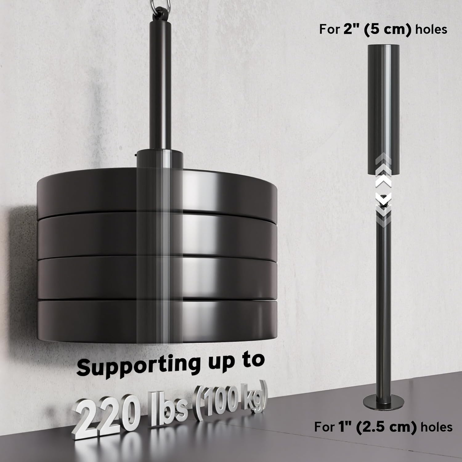 Close-up of the loading pin with weight plates, showing compatibility for 1 inch and 2 inch holes, supporting up to 220 lbs.