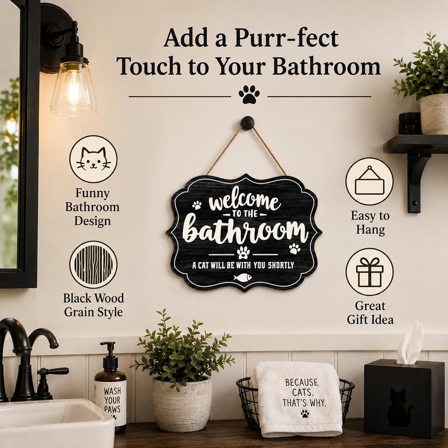Funny Cat Bathroom Wooden Sign, 8.5x12 Inch Welcome to the Bathroom A Cat Will Be With You Shortly Hanging Plaque, Rustic Pet Lover Wall Decor（A05） image 3
