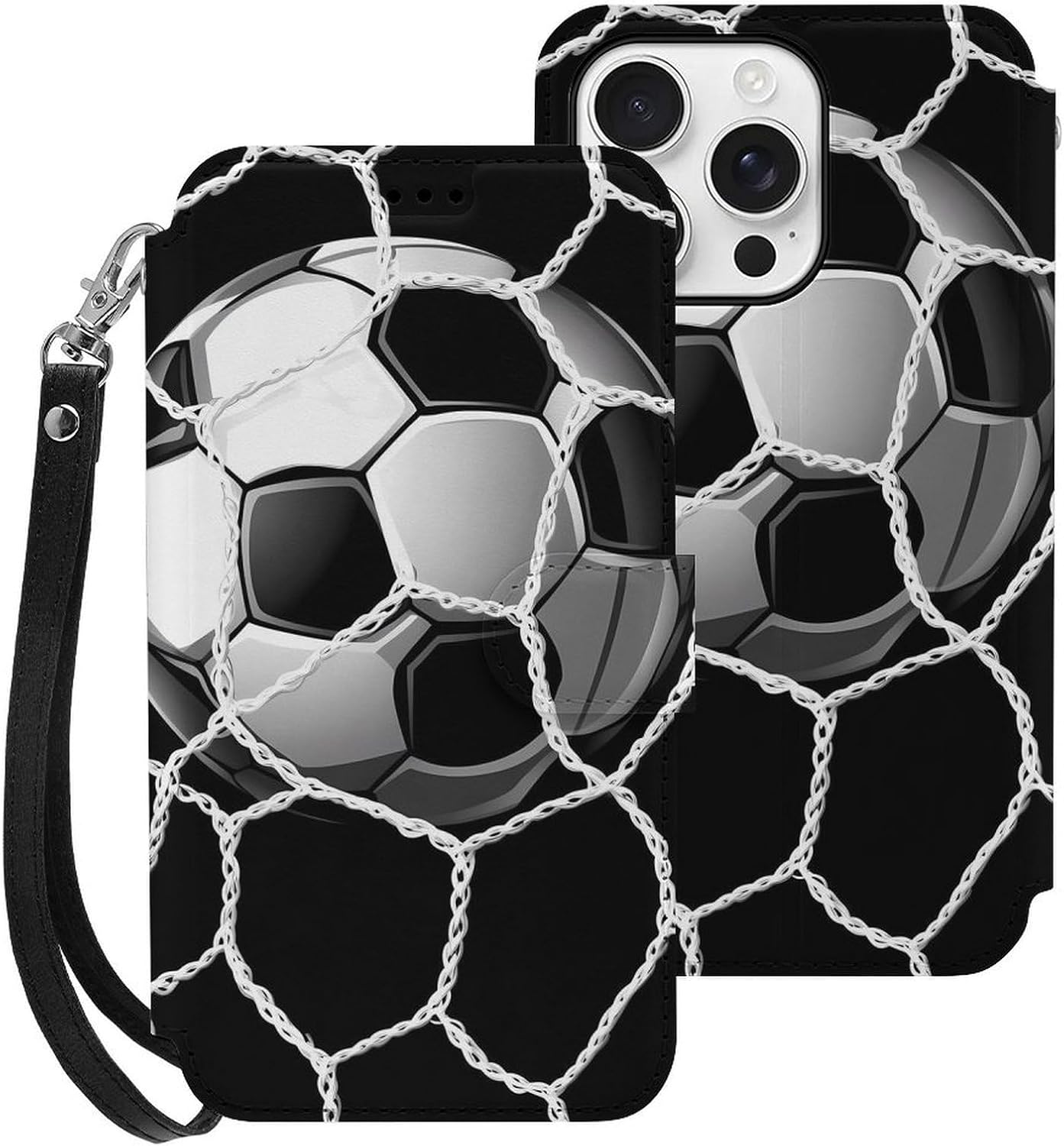Soccer Ball Football Net Compatible with iPhone 16/16 Plus/16 Pro/16 Pro Max/16 E Case Phone Wallet Card Holder Flip Cover with Wrist Strap