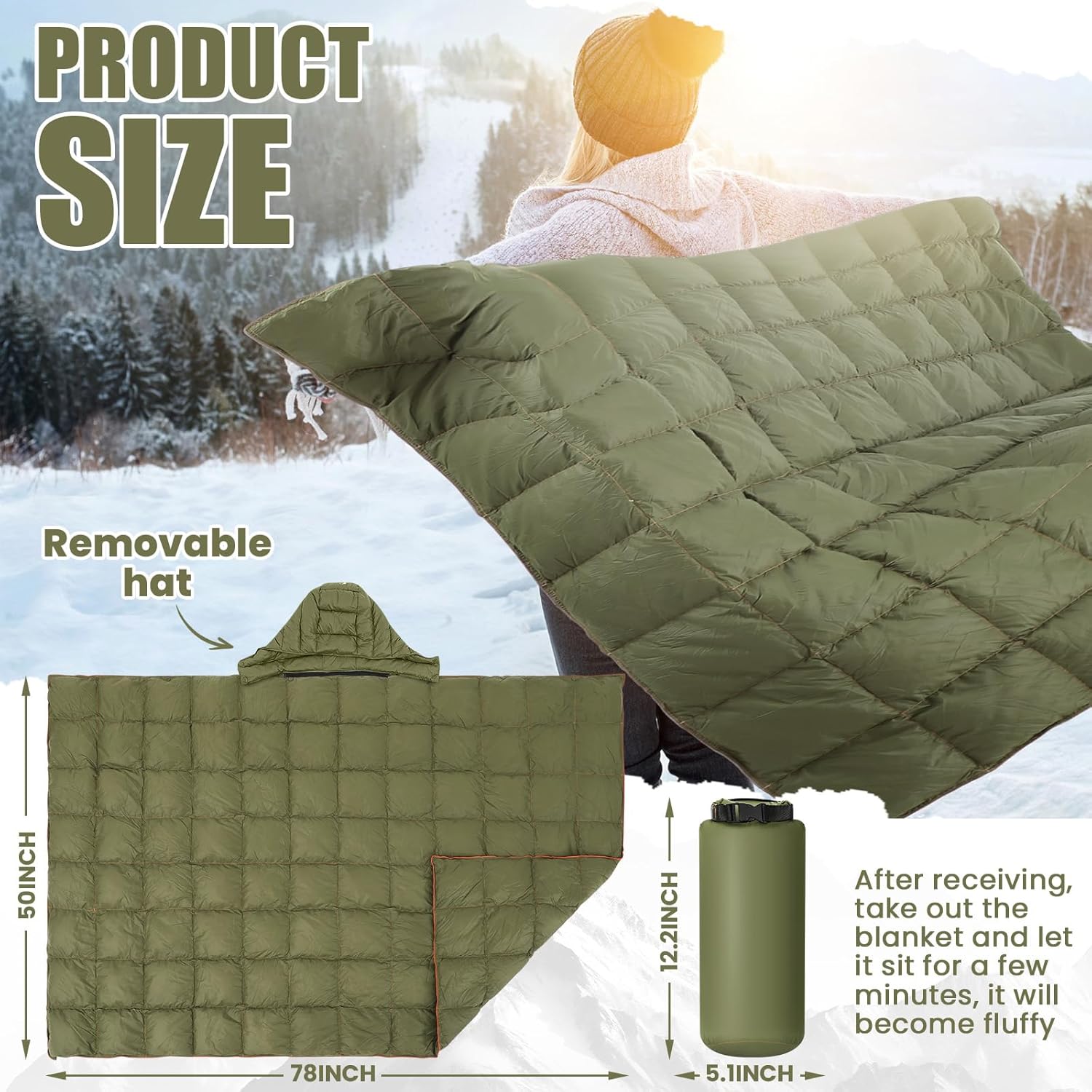 Upgraded Hooded Down Camping Blanket Waterproof 650 Fill Puffy Poncho Blanket 77" x 50" Packable Wearable Sleeping Bag with Detachable Hat Outdoor Stadium Camping, 1.36 lb(Olive Green) - Image 2