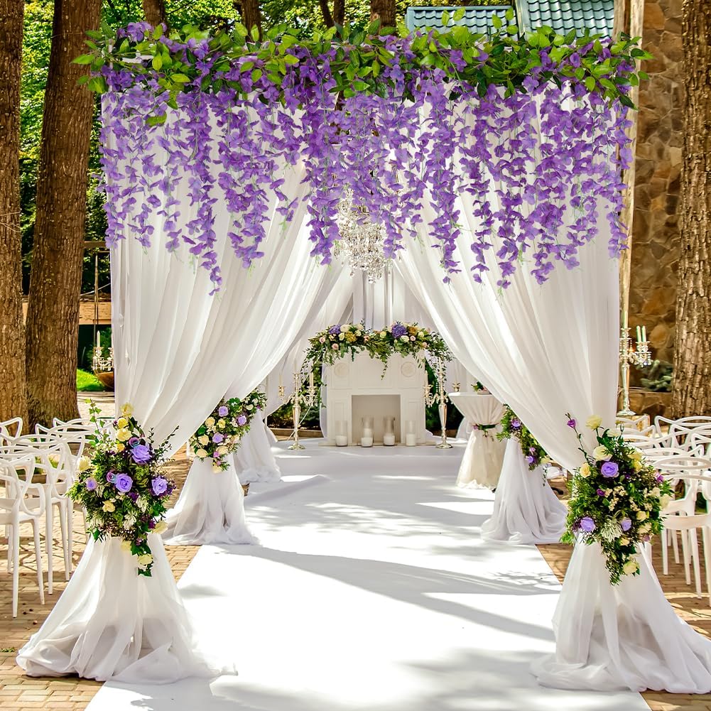 4Pcs Wisteria Artificial Flower Garland 6.9Ft Purple Wisteria Vine Silk Hanging Flowers Fake Rattan Floral Decor for Garden Outdoor Ceremony Wedding Arch Party Backdrop, Total 27.6Ft, Purple