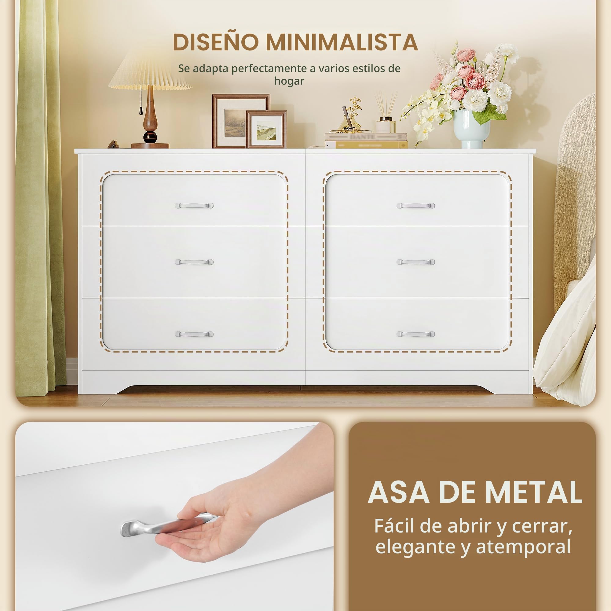 Hzuaner Cómoda con Regleta de Enchufes, Cómoda de Doble Columna, 6 Cajones para Dormitorio, Mueble Almacén Moderno para Pasillo, Salón, Vestidor y Oficina 40 x 140 x 75 cm Blanco DC35003XEU