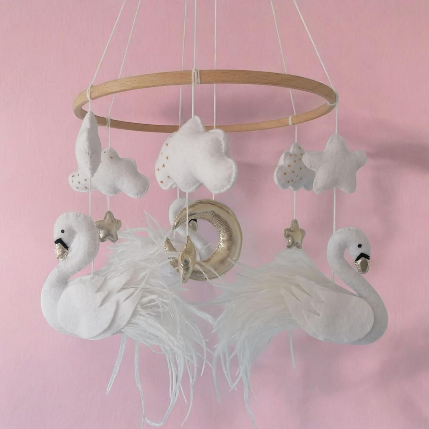 Swan Crib Mobile for Girl Nursery, Felt Princess Swan Baby Mobile, Swan with Feather Nursery Decor,Handmade Cot Mobile, Baby Shower Gift,New Parents Gift