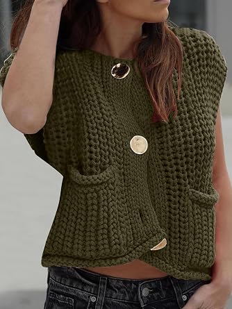 KEOMUD Women's Sleeveless Cropped Knit Cardigan Casual Button Down Crochet Sweater Vest Tops with Pockets
