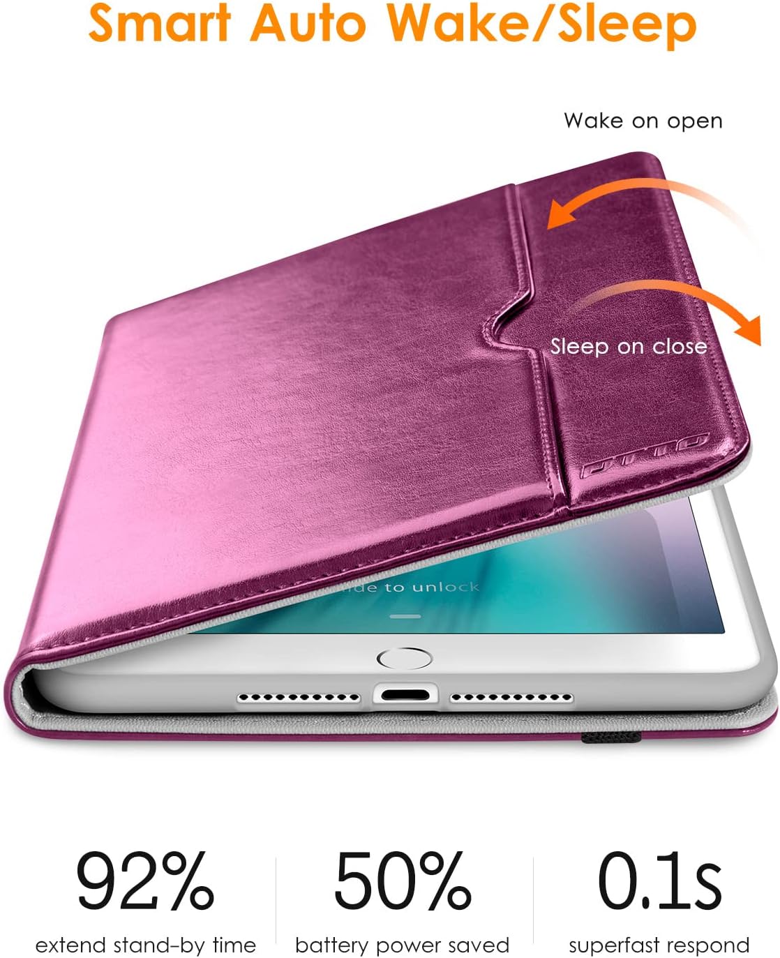 DTTO iPad Mini 1 2 3 Case, Premium Leather Folio Stand Cover Case with Multi-Angle Viewing and Auto Wake-Sleep Function, Front Pocket for Apple iPad Mini 1/Mini 2/Mini 3 - Purple