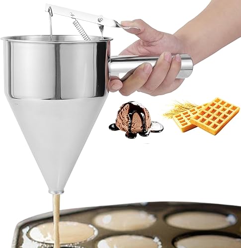 Miniatura 6 de Dispensador de masa de panqueques de acero inoxidable, dispensador de embudo con soporte para Takoyaki y hornear (pequeño 20.3 fl oz)