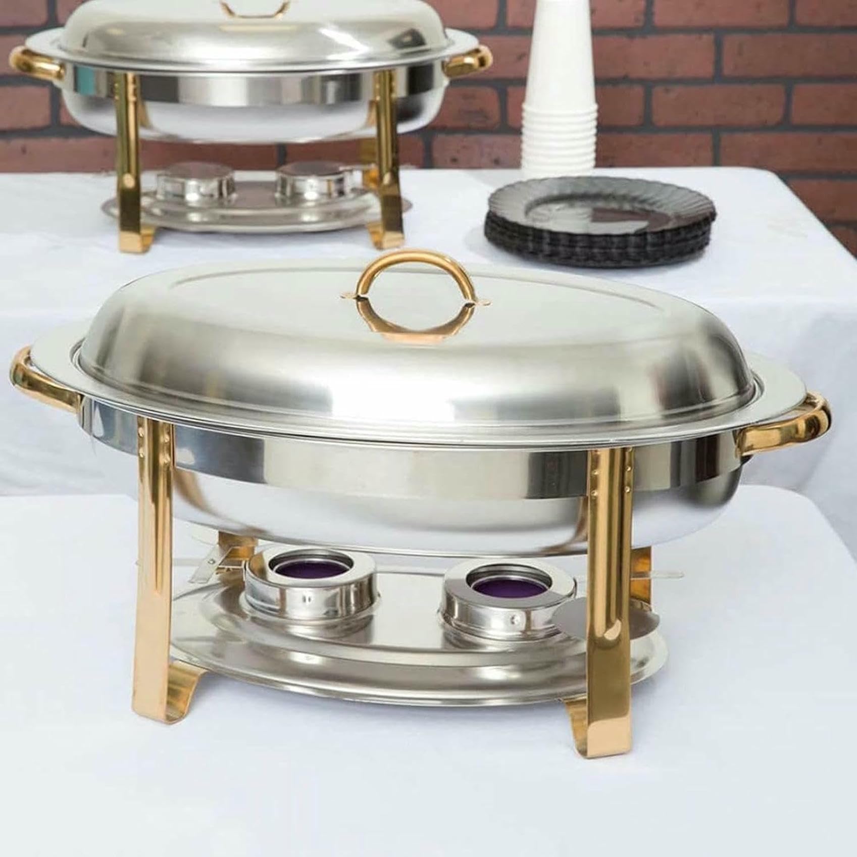 Chafing Dish Ovale da 6 Litri, Set di Scaldavivande in Acciaio Inox 201, Vassoio di Dimensioni Standard, con Teglia per Alimenti, Teglia per L'Acqua, Telaio, Coperchio E,Silver