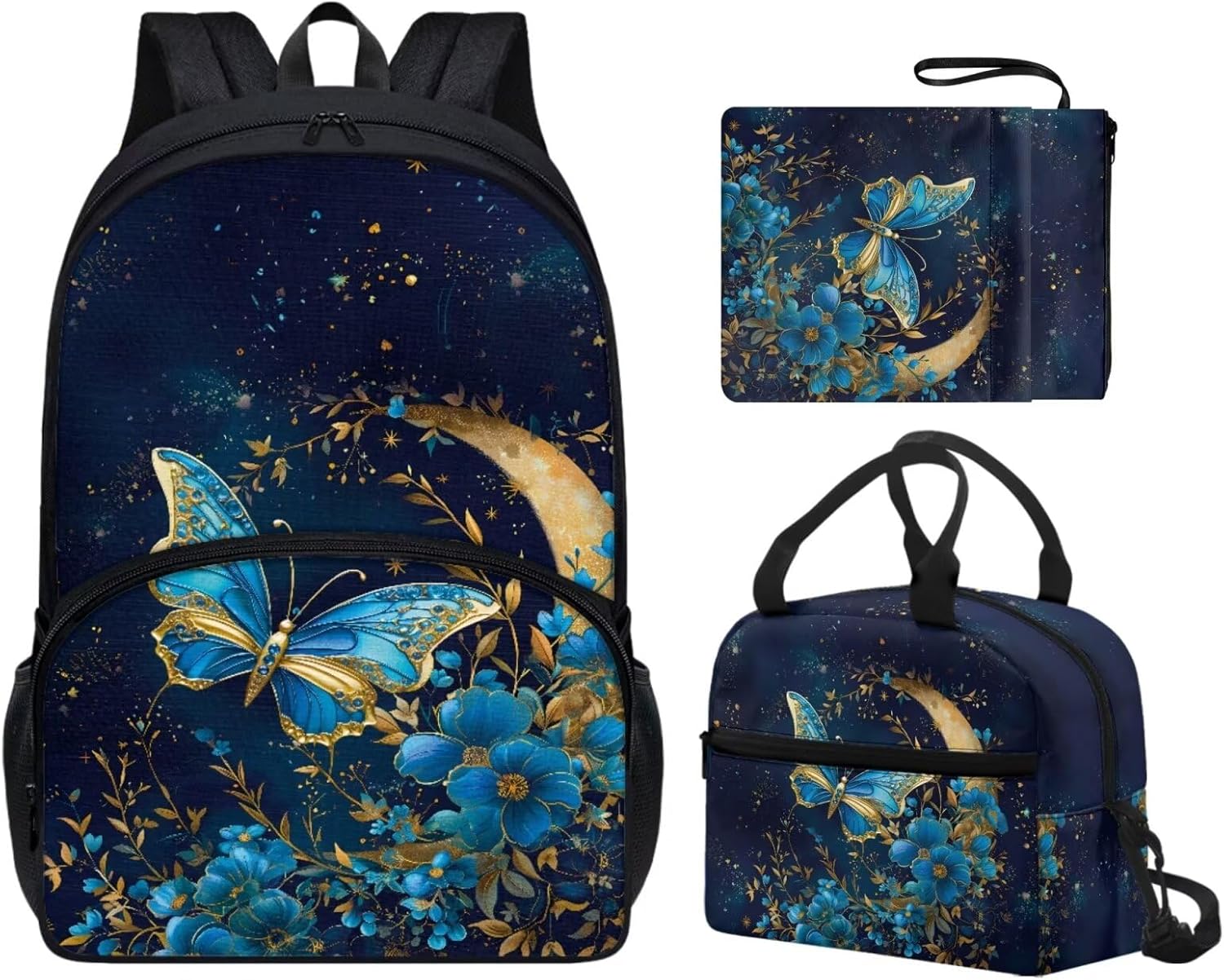 3PCS Blue Butterfly Backpack for Girls Floral Moon Bookbag with Lunch Bag Book Cover Protector for Elementary Middle School Students Trendy 17 Inch Backpack 3 in 1 Set for Teens