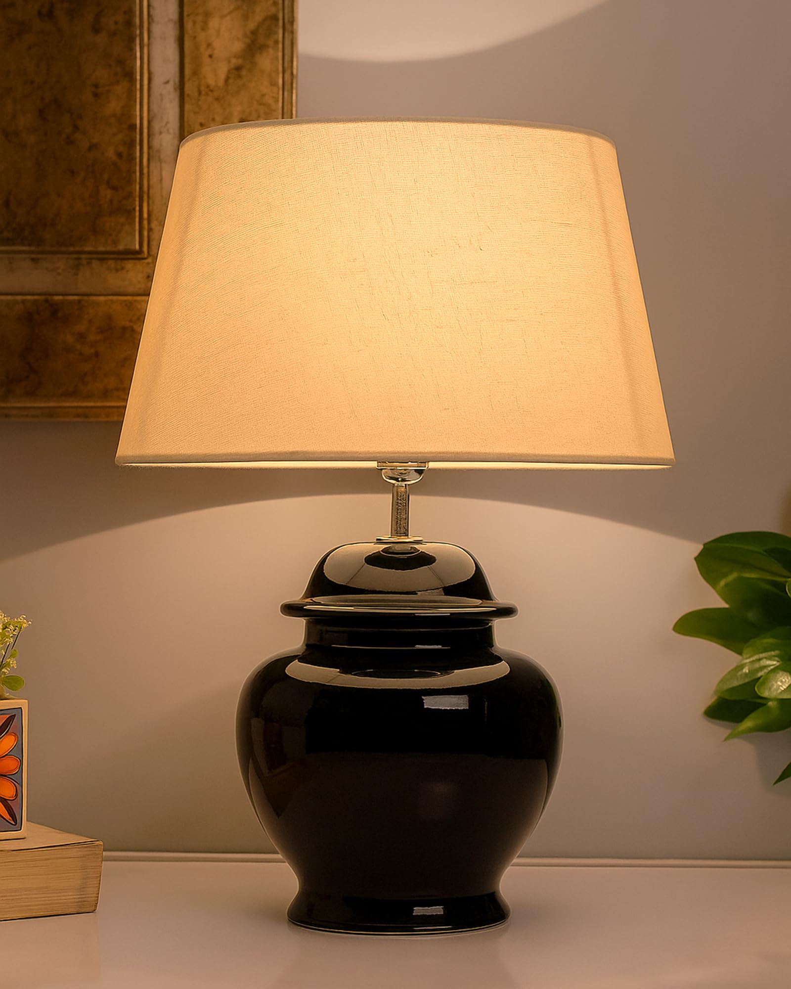 Homesake Ceramic Pot Shaped Base Black Table Lamp with Shade | Vintage Night Living Room, Bedside, Mandir, Hall - Home Decor Items - Khadi