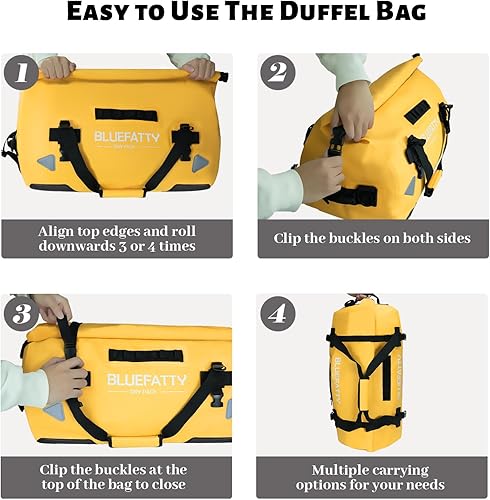 Miniatura 4 de BLUEFATTY Bolsa de lona impermeable con parte superior enrollable para motociclismo, canotaje, SUP, kayak, viajes, 50L70L, Amarillo, Exteriores