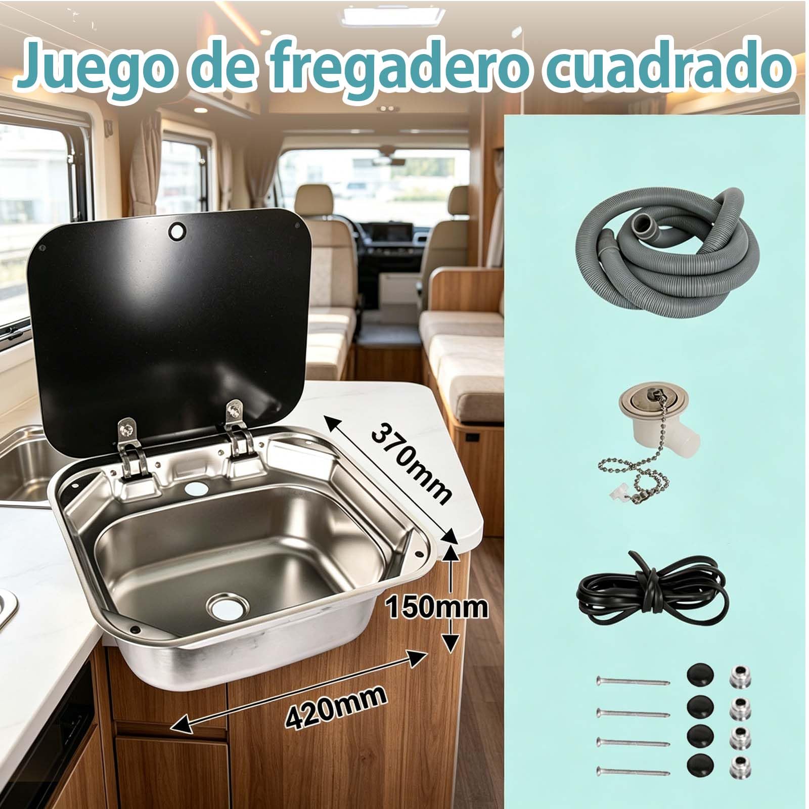 Fregadero Camper,Fregadero de Cocina de Acero Inoxidable,Portátil para Caravana y Camping, Kit de Acero Inoxidable con Grifo Plegable y Tapa de Vidrio Templado(37 x 15 x 42 cm sin grifo)