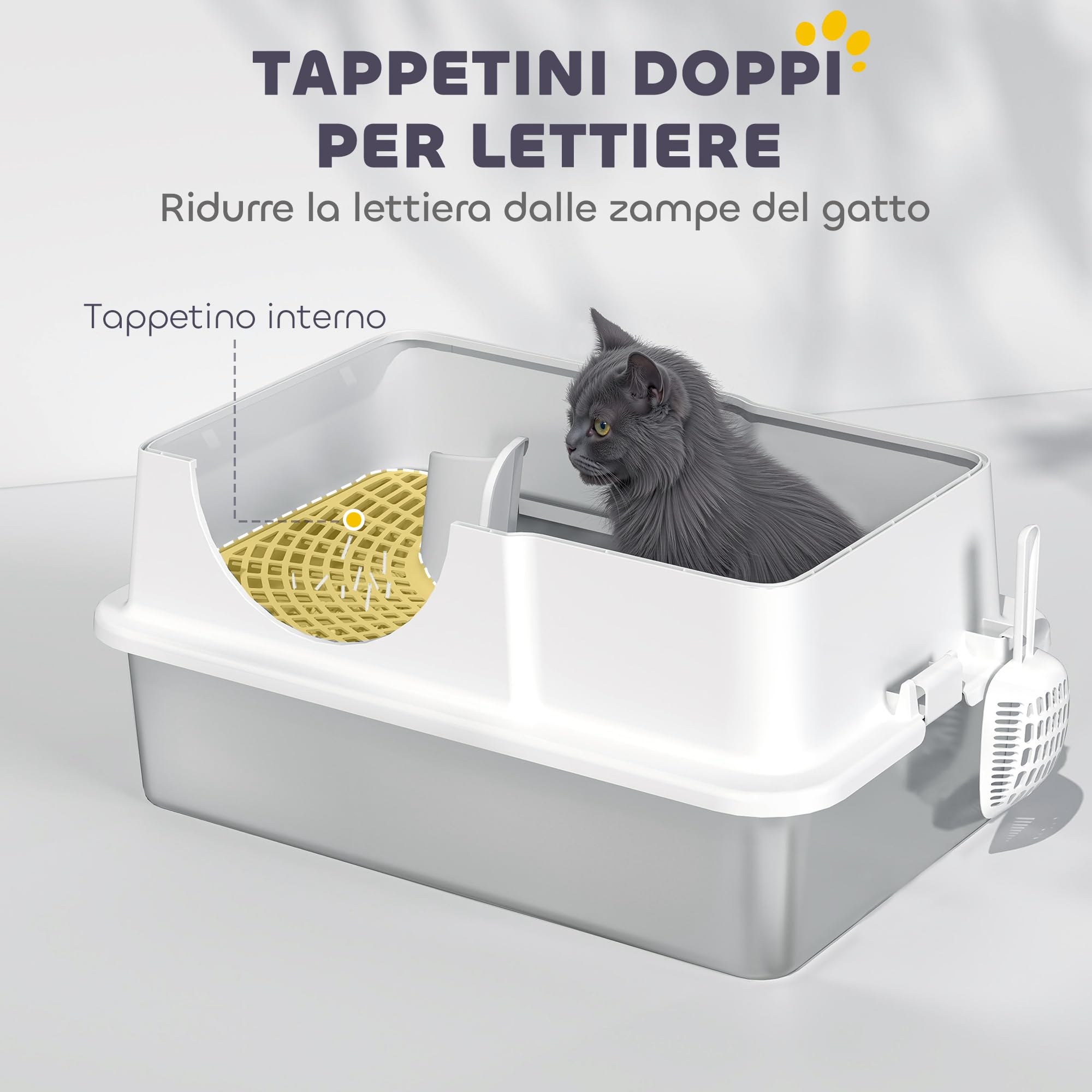 PawHut Lettiera Gatto Chiusa XL in Acciaio Inox 60.5x40.5x45cm Bianco | Con Coperchio, Toilette per Gatti 36L con Pareti Alte, Paletta, Tappetino Raccogli-sabbia