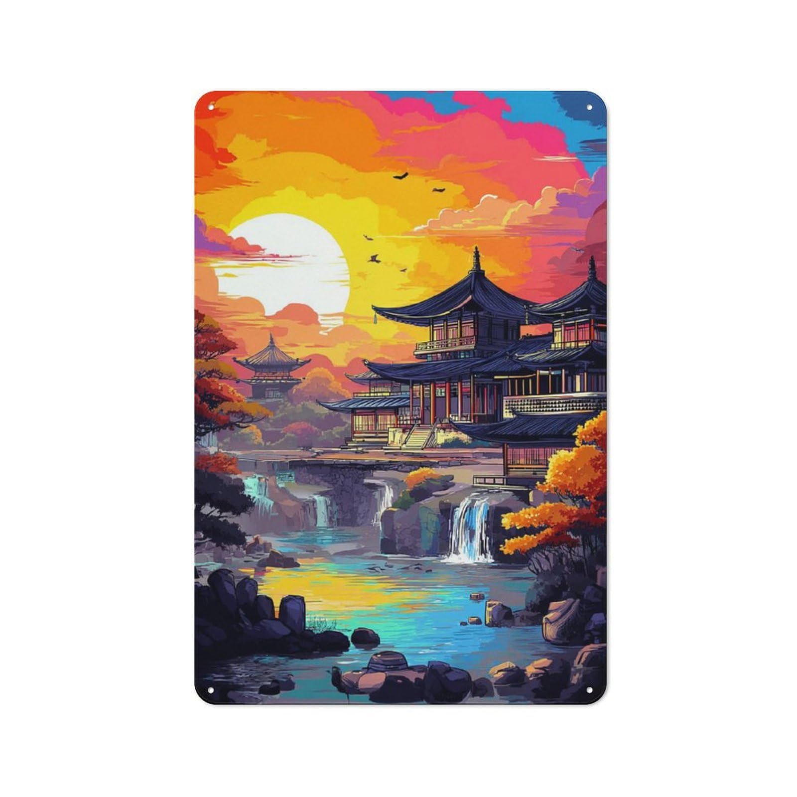 Junmoney Cherry Blossom Serenity Japanese Landscape Metal Wall Sign 30X20cm Featuring For Bar Or Restaurant, For Restaurant Interior Fans