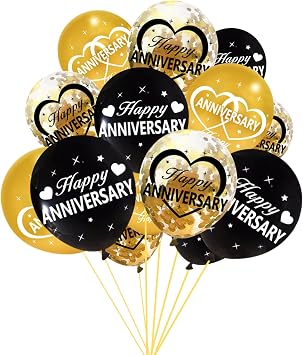 30Pcs Happy Anniversary Balloons Decorations Kit, 12 Inch Black Gold Happy Wedding Anniversary Latex Confetti Balloons Party Supplies, 10th 20th 30th 40th 50th 60th Indoor Outdoor