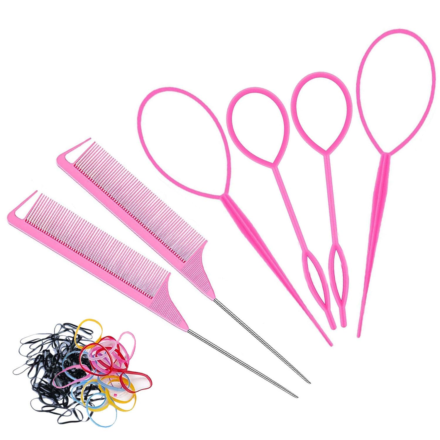 Duomama Pink Hair Styling Tools Set with 2 Steel Pin Rat Tail Combs, 4 Loop Styling Tools（2 Large + 2 Small）,100 Randomly Colored Rubber Bands - Suitable for Professional and DIY Hairstyling