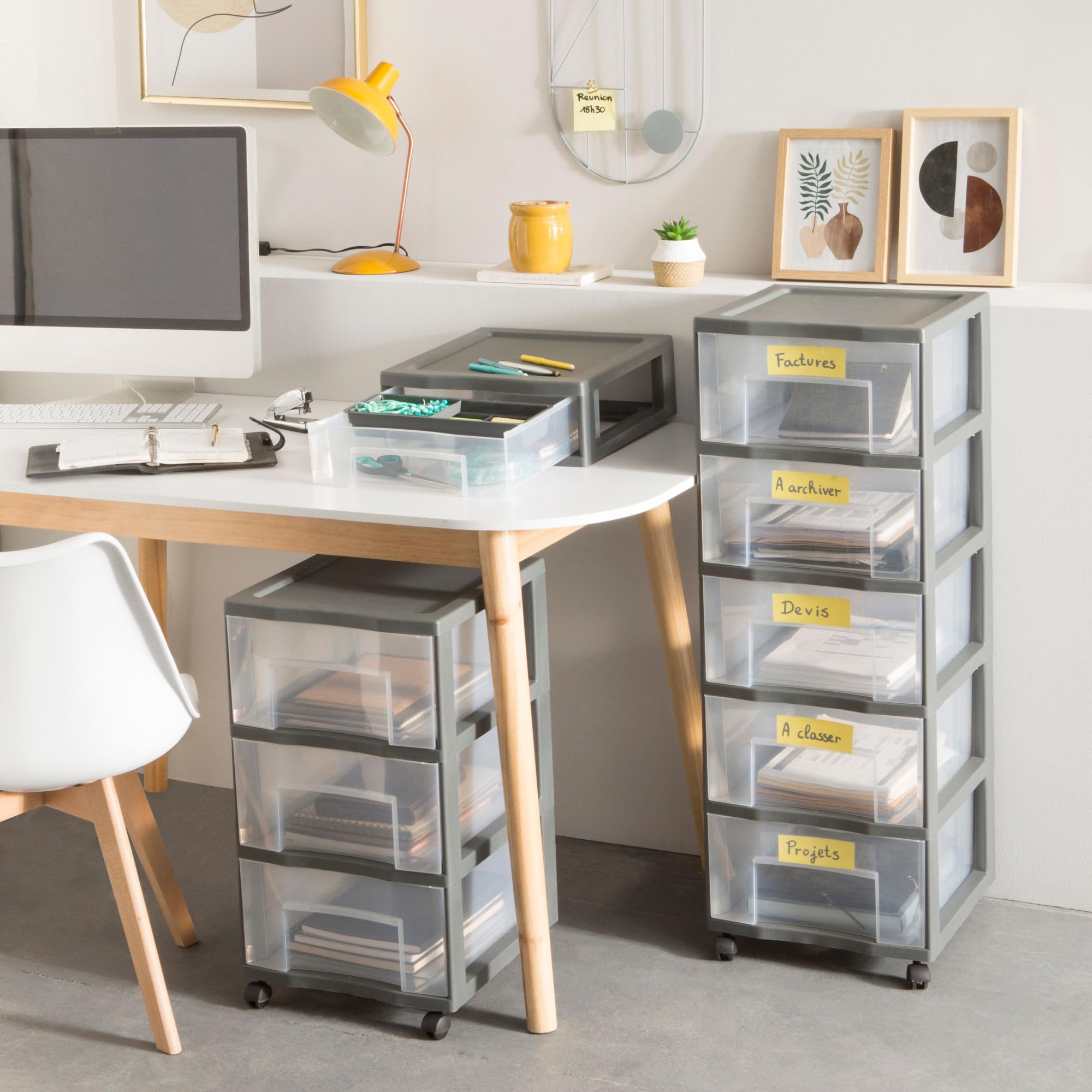 SUNDIS Tag Tower XL, cassettiera plastica con ruote, A4, 4 cassetti | Altezza 83,5 cm, facile da spostare, ideale per l'archiviazione in ufficio, lezioni, documenti, materiale di consumo