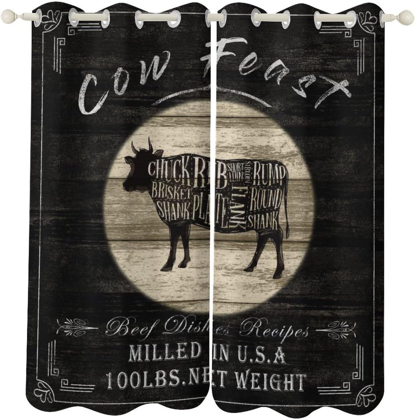 Retro Farmhouse Blackout Kitchen Curtains, Rustic Cow Farm Barn Vintage Yellowed Backdrop Buffalo Checked Windmill Decor Print Window Treatments, Grommet Drapes for Bedroom, 42x45inch (2 Panels)