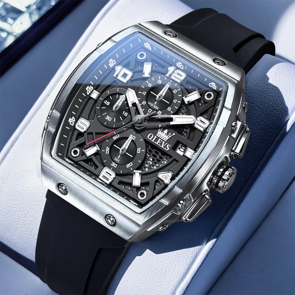 OLEVS Watch Men Luxury Large Face Black Mens Wrist Watches Silicone Square Multifunctional Dress Waterproof Chronograph Analog Quartz Gold Rectangle Relojes para Hombres