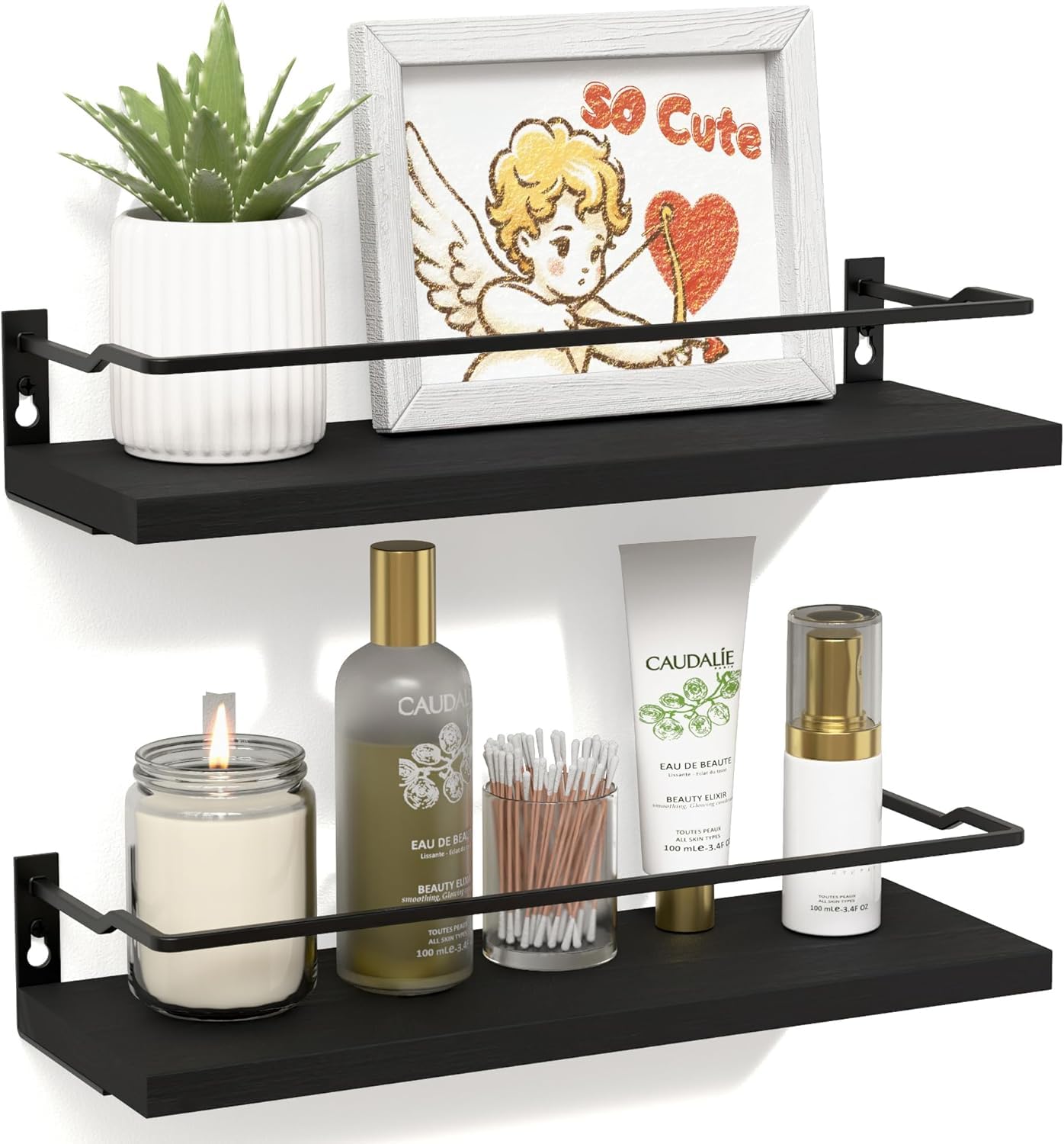 RICHER HOUSE Bathroom Shelves, Black Floating Wall Shelf Organizer Over Toilet Storage with 2 Shelves