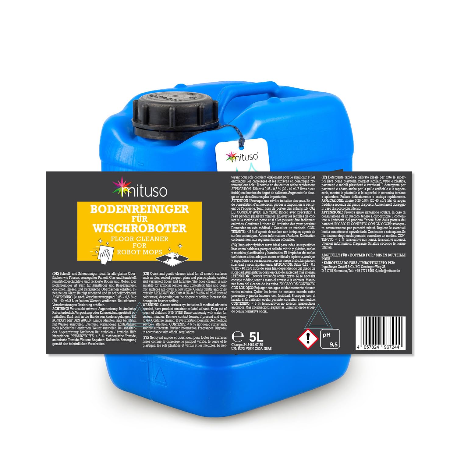 Limpiador de suelos para todos los robots de mopa de 10 litros, limpiador extremadamente completo, sin rayas, espuma y de secado rápido, ideal para laminados, azulejos, parqué, PVC. mituso