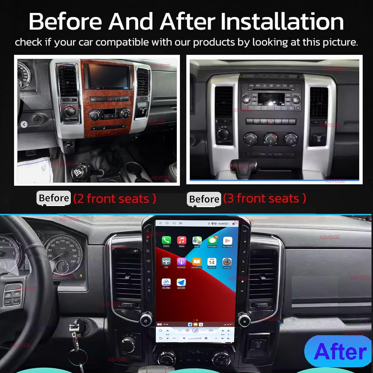 14.5 inch Screen Upgrade Android 14 Car Radio for Dodge Ram 1500 2500 3500 2008-2012 Truck Stereo Replacement Tesla Style Head Unit (Front 2-Seater car, 4+64GB)