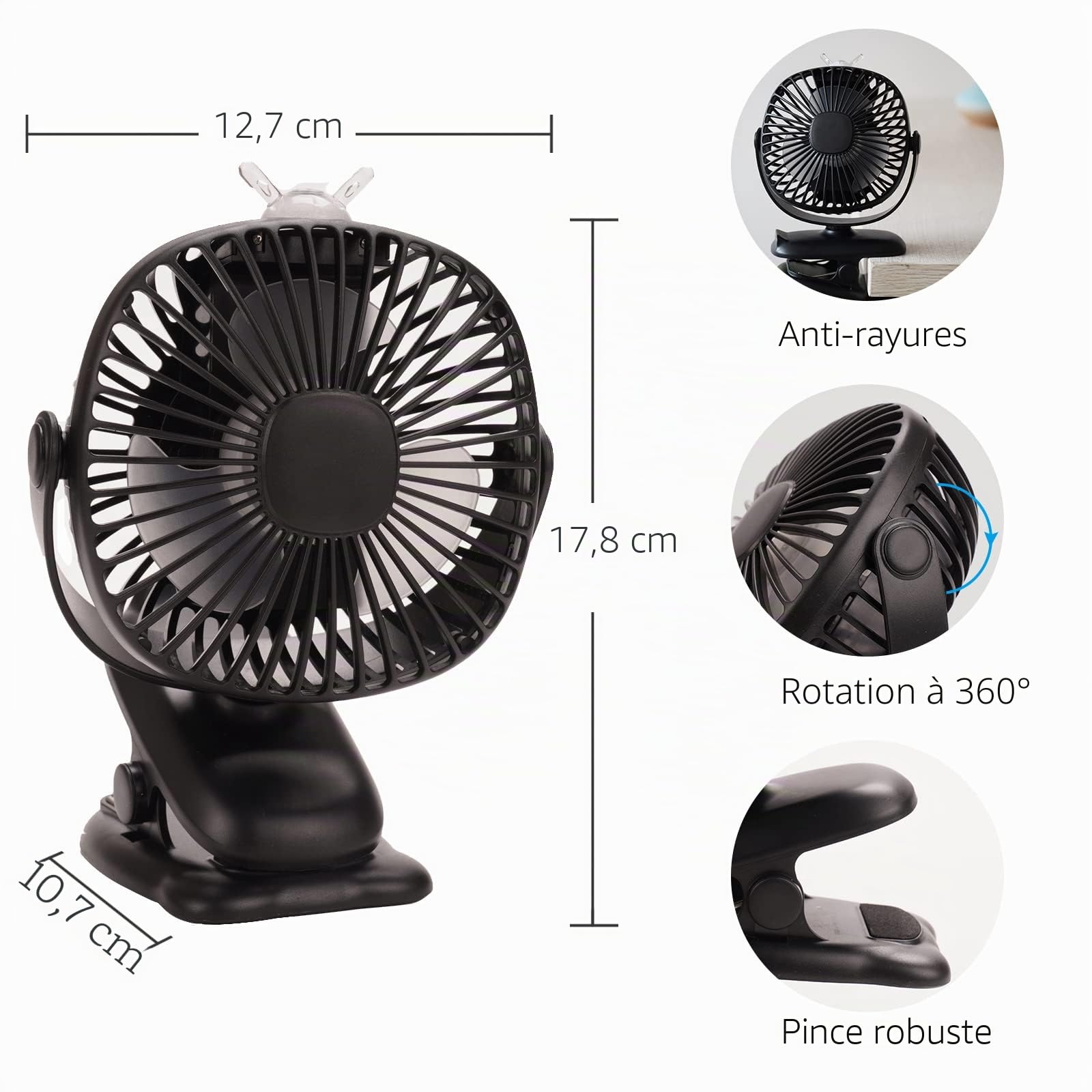 Venforze Ventilateur de poussette à clipser 8000 mAh USB Mini ventilateur de bureau personnel avec batterie rechargeable 4 vitesses Rotation à 360° Pour poussette, landau, poussette, bureau (Noir)