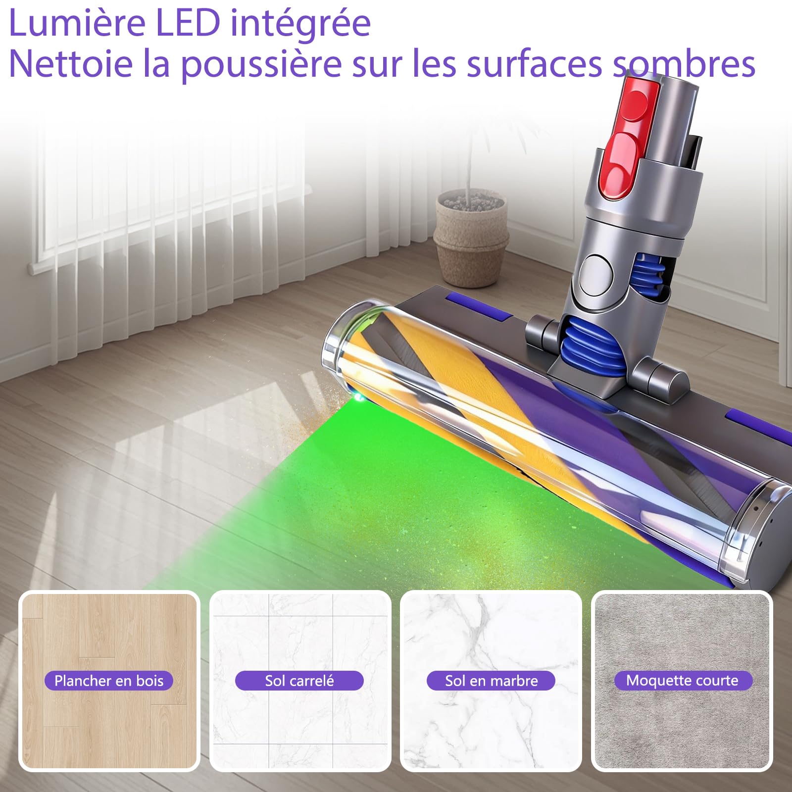 V15 Floor Brush Replacement, for Dyson V15 V11 V10 V8 V7 Accessories, LED Illuminated Brush with Green Light Anti-Tangle Floor Nozzle for Hard Floors, Accessories for Dyson Replacement