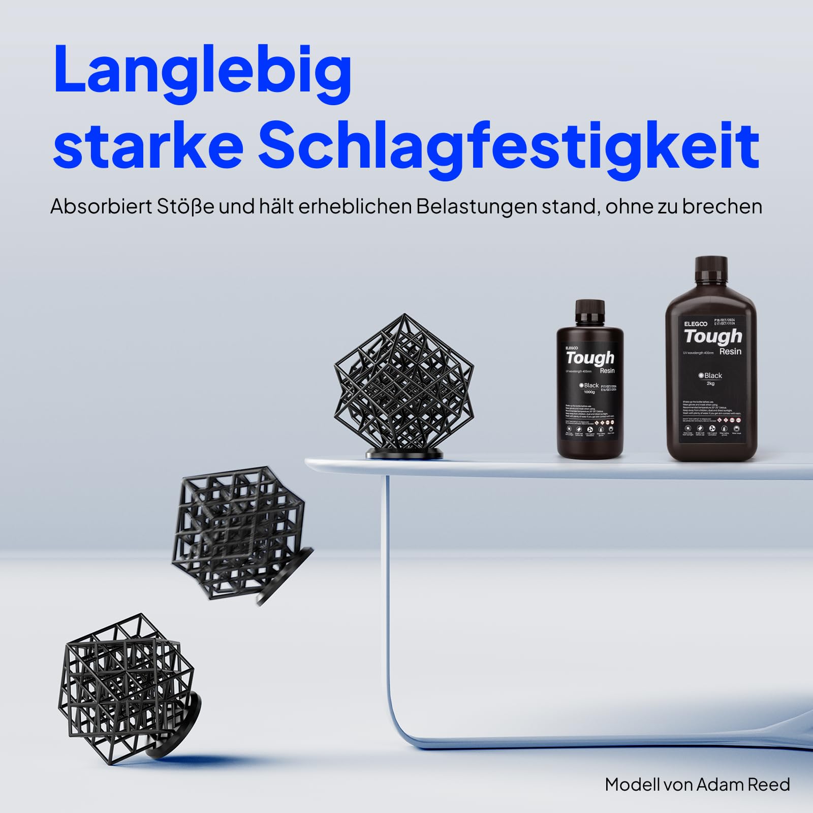 ELEGOO Tough Resin 3D Drucker Harz mit Hoher Härte und Flexibilität, Niedriger Viskosität, Geringer Schrumpfung, Kompatibel mit MSLA/LCD/DLP 3D-Druckern, Schwarz 1000g