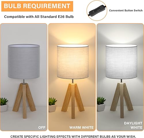 Miniatura 2 de Brightever Lámpara pequeña de mesita de noche, lámpara de mesa moderna con trípode de madera con pantalla de tela de lino gris, lámpara de mesita de