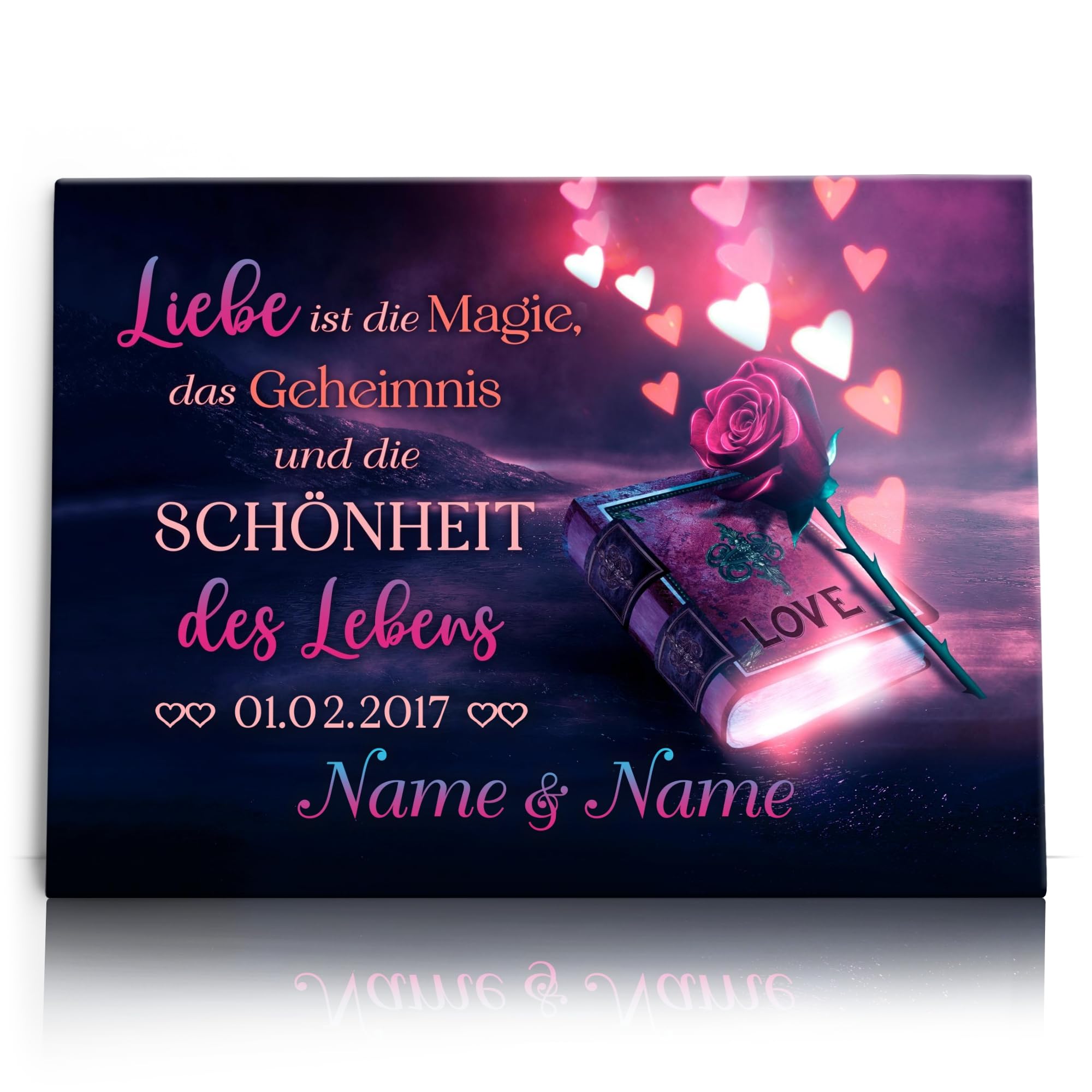 Liebesleinwand Personalisiertes Leinwandbild gestalten | Magie der Liebe | Geschenk zum Jahrestag, Hochzeitstag, Verlobung, Hochzeit | Leinwandbild gestalten mit Namen und Datum