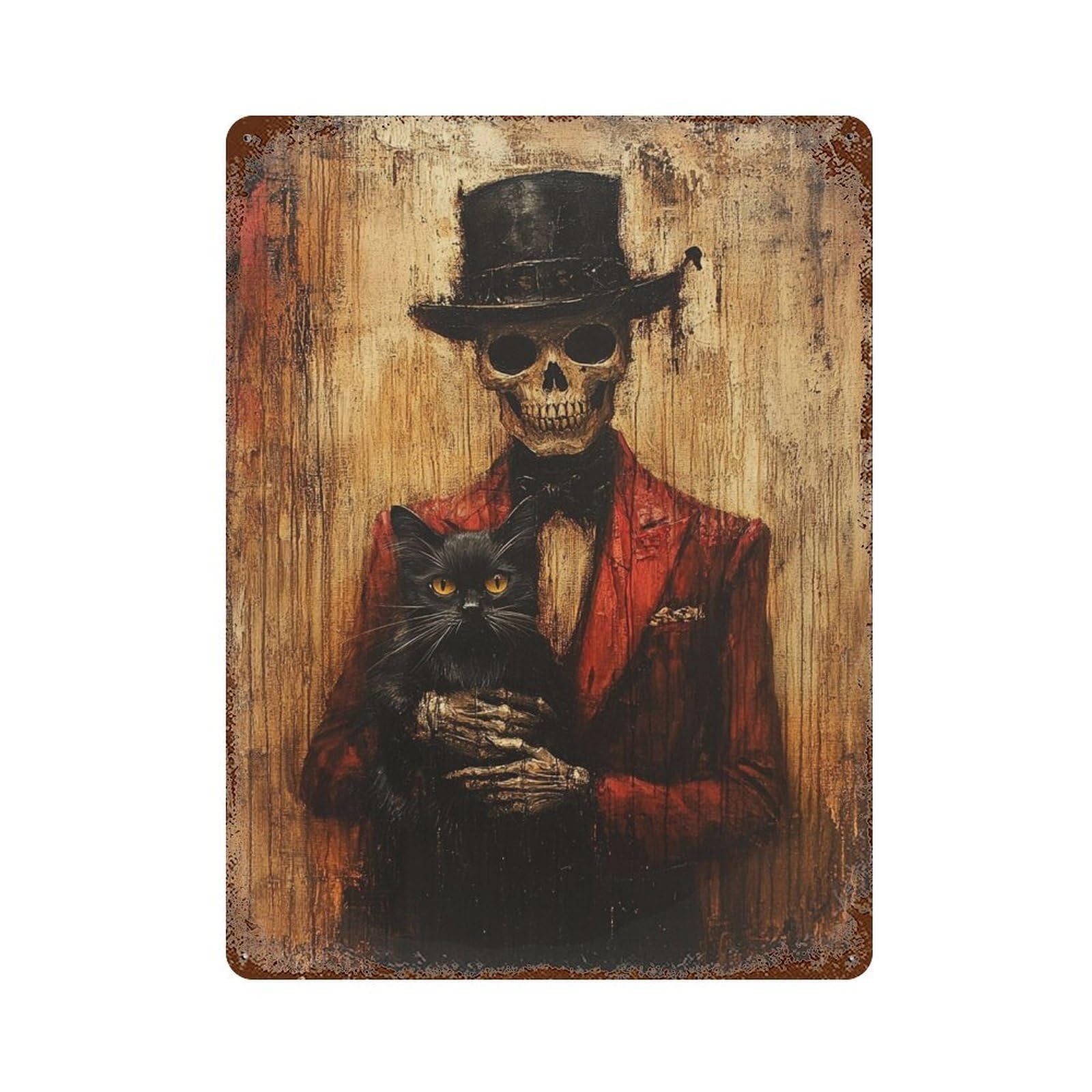 Garage Style Skull in Top Hat with Cat Distressed Metal Wall Sign 15.7"x11.8", Shabby Chic Decor for Bar And Workshop
