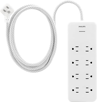 Philips Surge Protector Power Strip, 8 Ft Braided Extension Cord