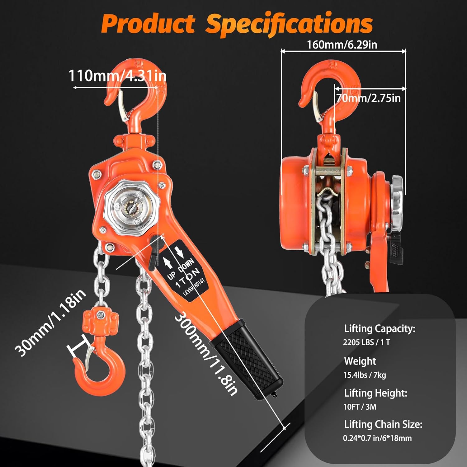 Lever Chain Hoist 1 Ton 2205LBS Capacity,10FT Lift,Manual Ratchet Chain Puller Hoist with 2 Hooks for Building Garages Warehouse Automotive Machinery
