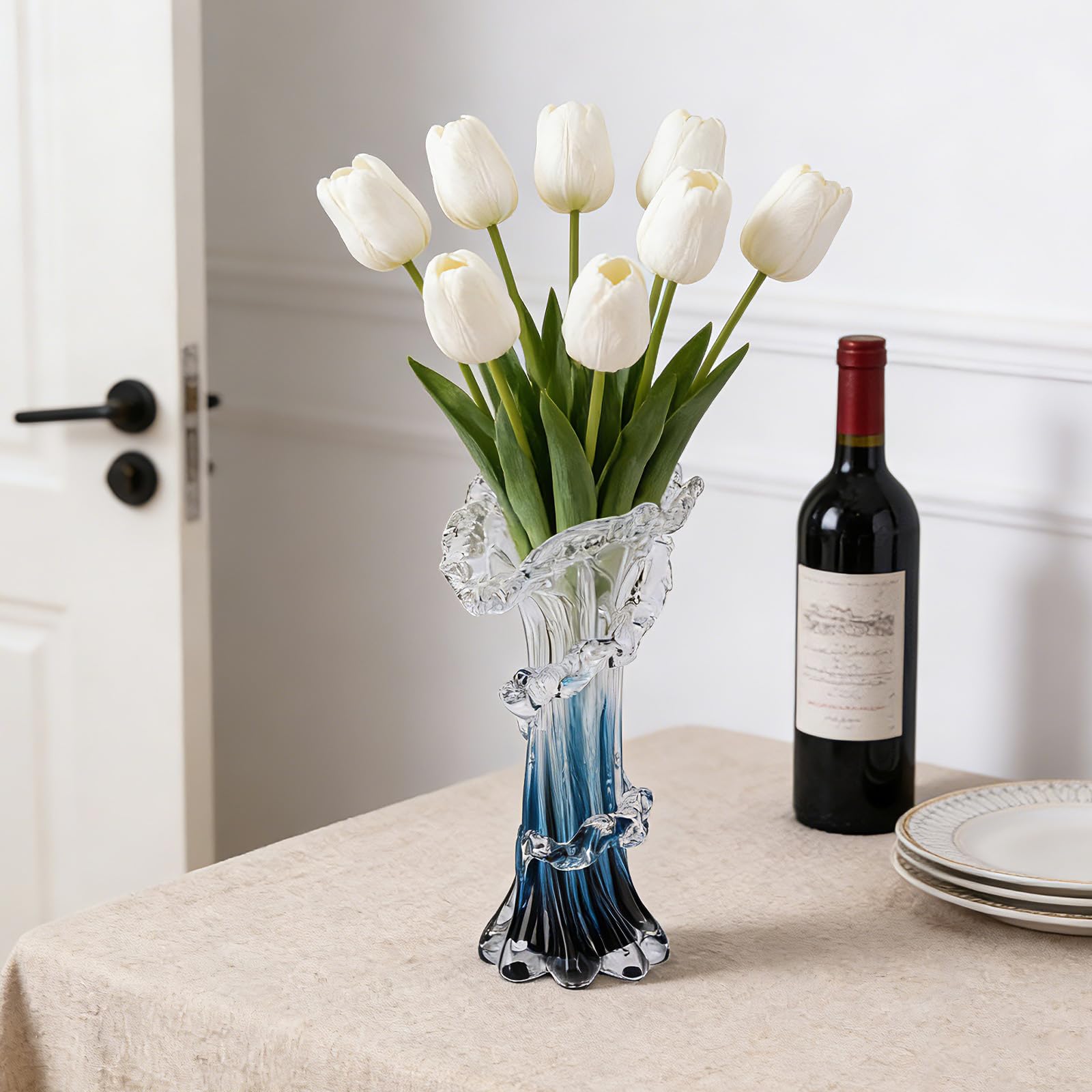 Vase en verre soufflé à la main bleu, art unique, magnifique vase en verre océan pour la maison, centre de table, table basse de salon, décoration de bureau - 24,9 cm H (moyen)