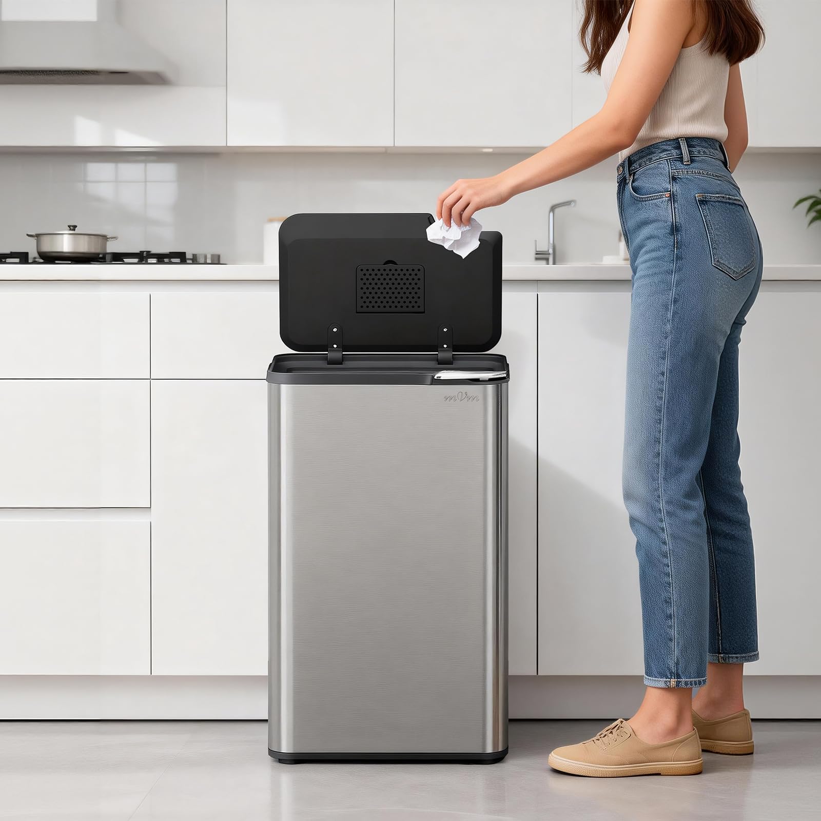 mVm Küchen & Büromülleimer 80L, Edelstahl, Rechteckig, Mit Deckel & Geruchsfilter, Sanftschließend & Offen Haltbar, Abnehmbare Halterung