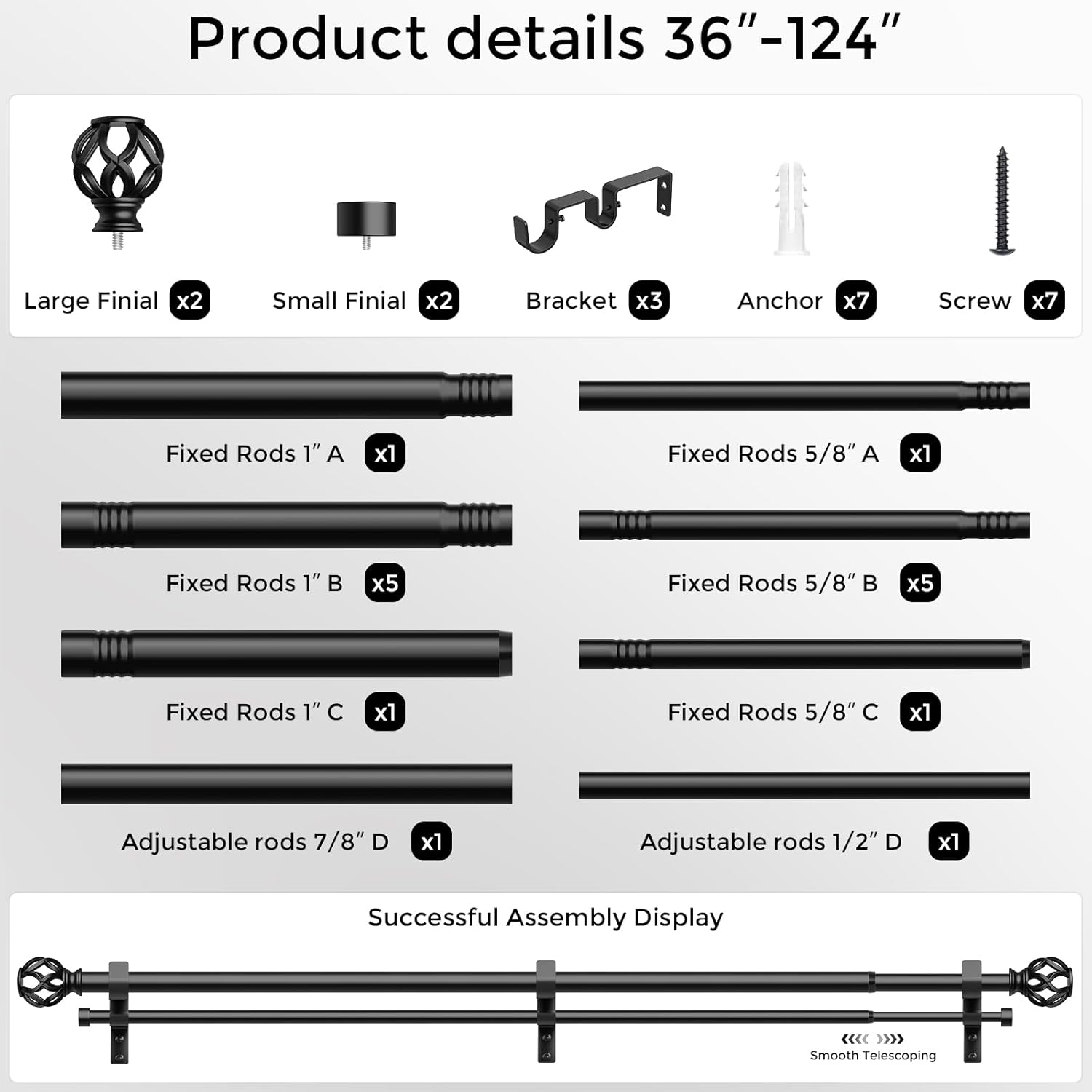 Double Curtain Rod 84 to 120 Inch, Black Long Dual Curtain Rods with Decorative Aluminium Twisted Cage Finial, 1 Inch Adjustable Heavy Duty Telescopic Spliced Window Treatment Rods, All Metal