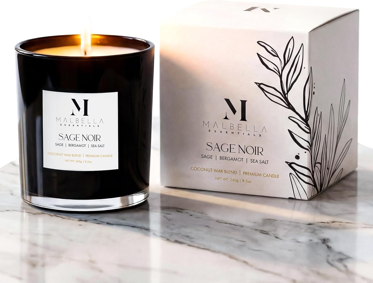 Sage Noire Luxury Scented Candle for Women & Men | 8.5 oz Hand-Poured Coconut Wax Blend | Modern Self-Care Aromatherapy Candle | 50 Hr Burn | Gift-Ready Glossy Glass Vessel