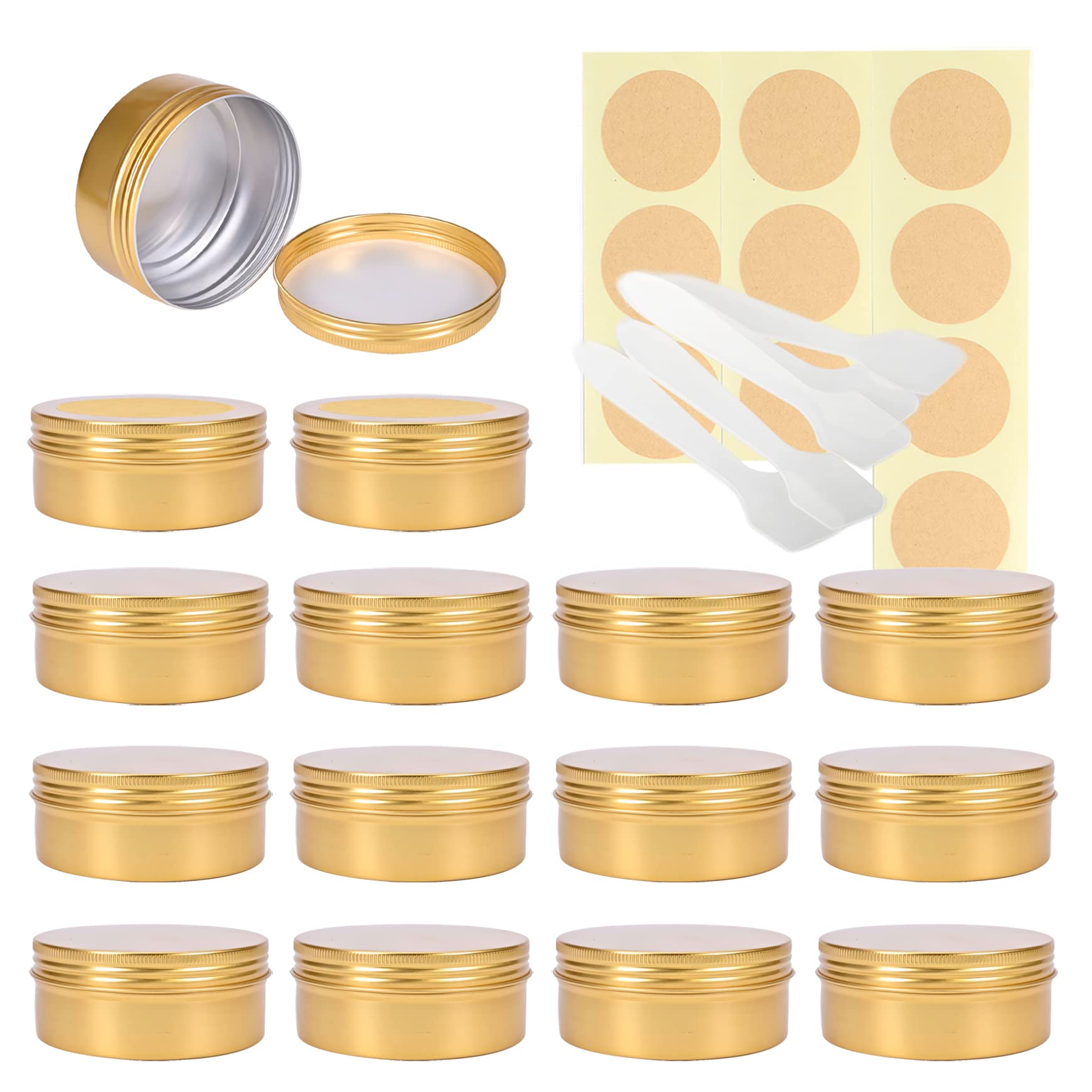 LusDoly Pack of 50 Empty 150ml Gold Aluminium Tins with Lids - Ø83x38mm Round Aluminum Screw Pots Travel Round Cosmetic Cream Container Jars for Candle Lip Balm, Salve with Spatulas & Labels