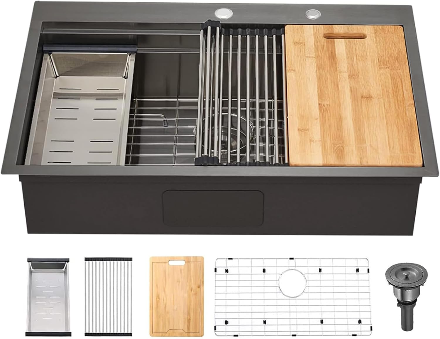  33x22 Black Drop In Kitchen Sink, 33 Inch Topmount Gunmetal Black Stainless Steel Single Bowl Overmount Double Ledges Workstation Sink with Accessories