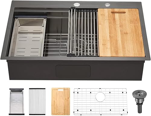 Miniatura 108 de SHACO Fregadero de cocina negro de 21 pulgadas, 21 x 20 pulgadas, montaje superior negro plomizo de acero inoxidable calibre 16, estación de trabajo