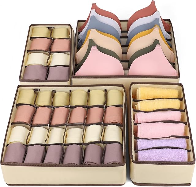 Sofore Clothes Drawer Organisers-4 Pack, Foldable Underwear Storage Box, Fabric Wardrobe Organiser for Cupboard, Bra, Socks, Baby Clothes, Ties, Scarves, Cosmetics - Beige