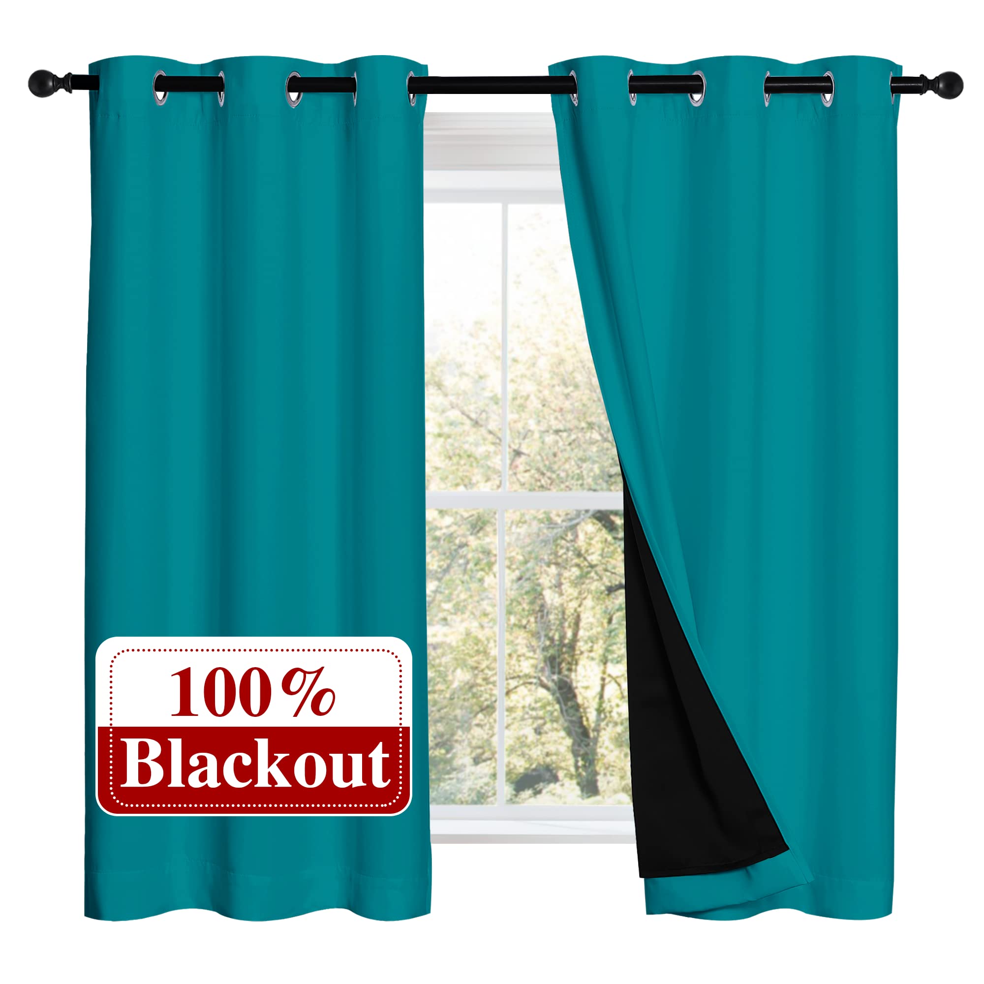 NICETOWN 100% Blackout Curtains 54 inches Long, Double-Deck Completely Blackout Window Treatment Thermal Insulated Lined Drapes for Small Window (Peacock Teal, 1 Pair, 42 inches Width Each Panel)
