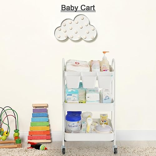 Miniatura 5 de danpinera Carrito rodante de 3 niveles, carrito de almacenamiento de metal con ruedas bloqueables y tazas y ganchos colgantes, carrito móvil para