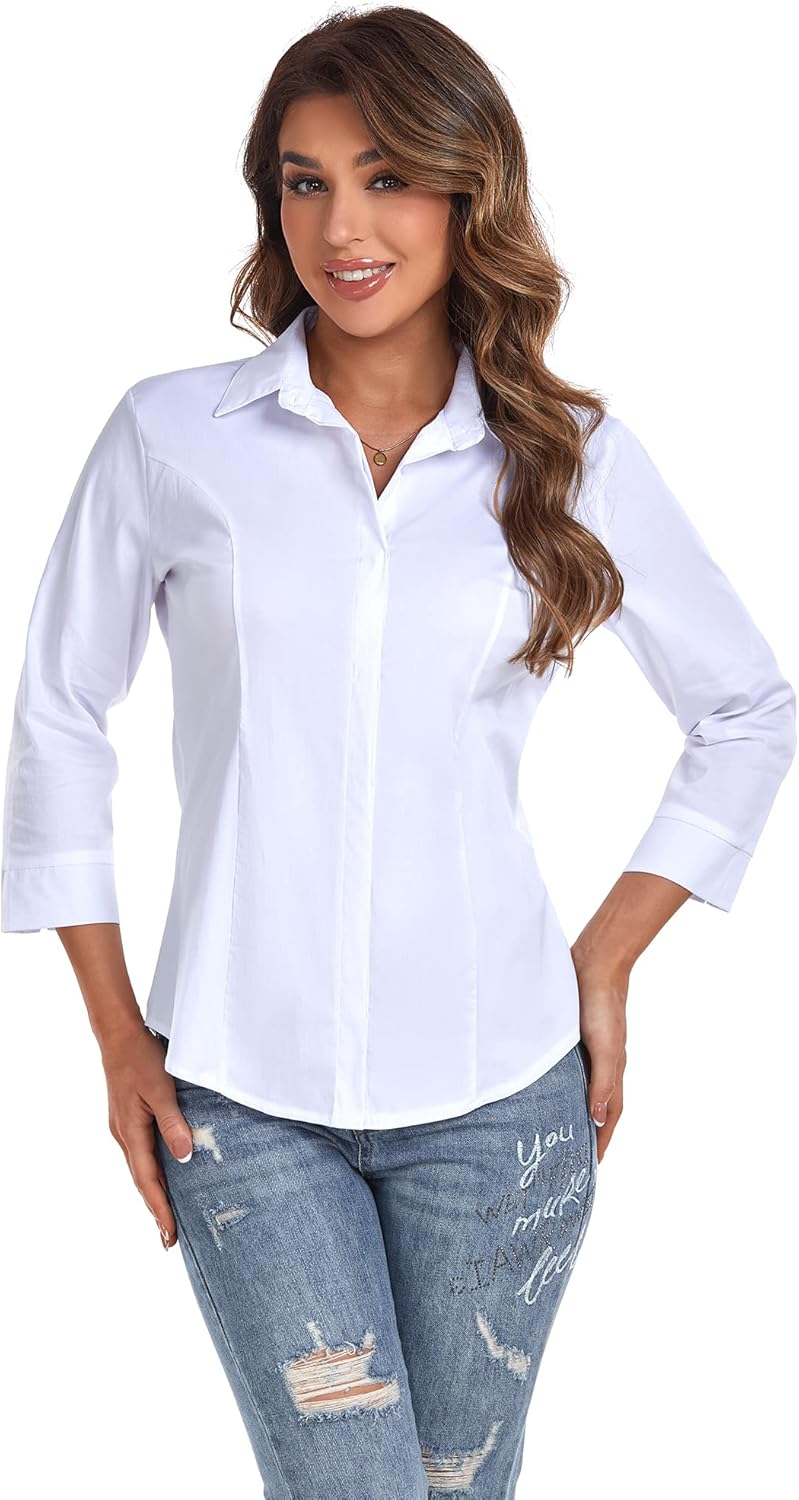 Atnlewhi Women's Button Down Shirts 3/4 Sleeve Business Stretch Work Office Formal Casual Blouse Tops - Image 3