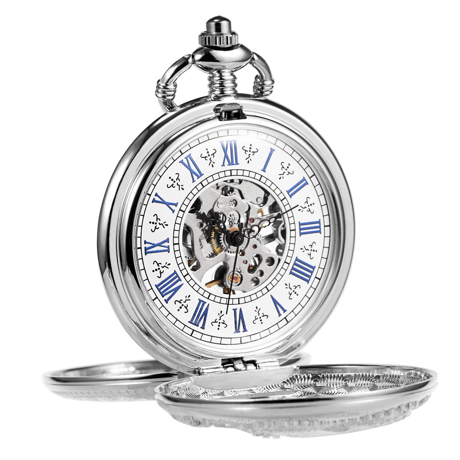 TREEWETO Mens Antique Skeleton Mechanical Silver Pocket Watch Dragon Hollow Hunter with Chain and Box